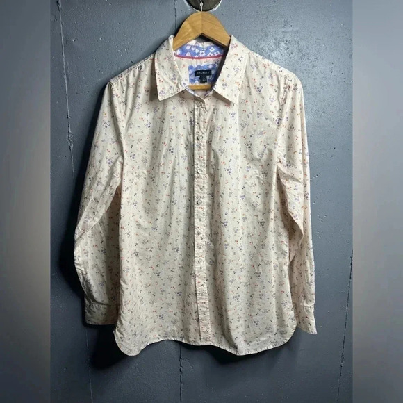 Talbots Pretty Cream Pink Blue Tiny Flowers Long Sleeve Cotton Blouse - Picture 1 of 5